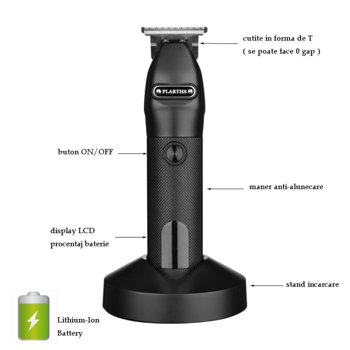 Masina de tuns barba si contur profesionala, Plarths JM-751A, stand incarcare, baterie Li-ion 180 min, afisaj LCD, negru [3]