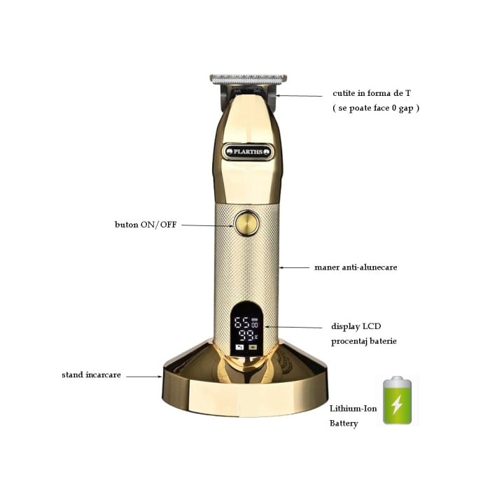 Masina de tuns barba si contur profesionala, Plarths JM-751G, stand incarcare, baterie Li-ion 180 min, afisaj LCD, gold [2]