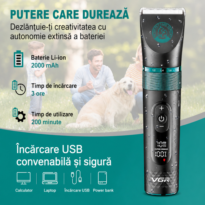 Aparat de tuns animale, VGR V-209 Profesionala, Display LED, Lame Ceramice, IPX7 Waterproof, 2000mAh, 200 Minute Autonomie, USB Type-C [7]