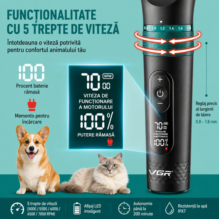 Aparat de tuns animale, VGR V-209 Profesionala, Display LED, Lame Ceramice, IPX7 Waterproof, 2000mAh, 200 Minute Autonomie, USB Type-C [3]