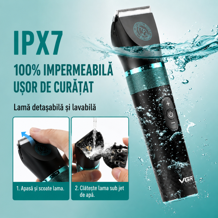 Aparat de tuns animale, VGR V-209 Profesionala, Display LED, Lame Ceramice, IPX7 Waterproof, 2000mAh, 200 Minute Autonomie, USB Type-C [4]