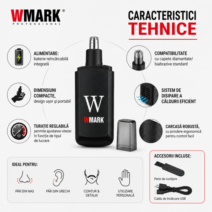 Aparat de tuns părul din nas și urechi WMARK NG-NT002, Reîncărcabil USB, Acumulator 100mAh, Motor DC de mare viteză, Autonomie 40 min, Încărcare rapidă 40 min, Compact și Portabil, Negru [4]