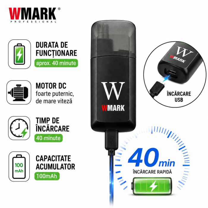 Aparat de tuns părul din nas și urechi WMARK NG-NT002, Reîncărcabil USB, Acumulator 100mAh, Motor DC de mare viteză, Autonomie 40 min, Încărcare rapidă 40 min, Compact și Portabil, Negru [2]