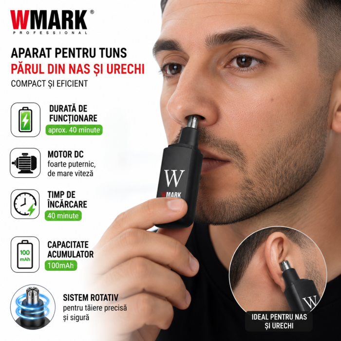 Aparat de tuns părul din nas și urechi WMARK NG-NT002, Reîncărcabil USB, Acumulator 100mAh, Motor DC de mare viteză, Autonomie 40 min, Încărcare rapidă 40 min, Compact și Portabil, Negru [3]