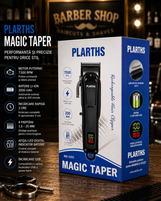 Masina de tuns parul profesionala, PLARTHS NG-1001, afisaj LED, 8 gratare 1.5-19mm, 1 pieptene, incarcare type C, negru [9]