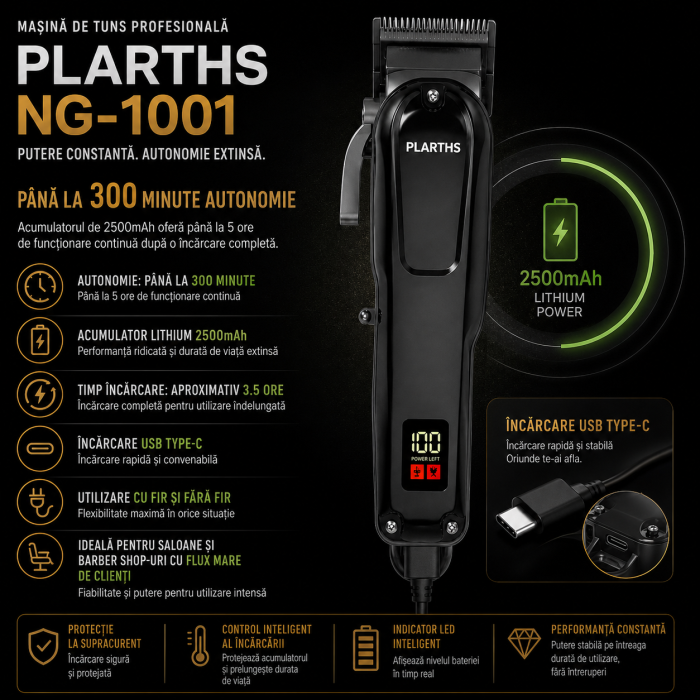 Masina de tuns parul profesionala, PLARTHS NG-1001, afisaj LED, 8 gratare 1.5-19mm, 1 pieptene, incarcare type C, negru [3]