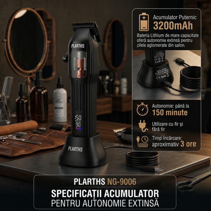 Masina de tuns parul profesionala PLARTHS NG-9006, motor magnetic 10.000rpm, 10 inaltatoare premium 1.5-25mm [5]