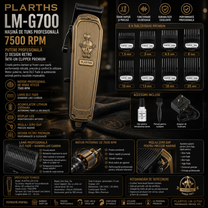 Masina de tuns profesionala cu acumulator, Plarths LM-G700 7500rpm, afisaj LED, 8 gratare premium 1.5mm - 25mm, lama DLC fade [10]