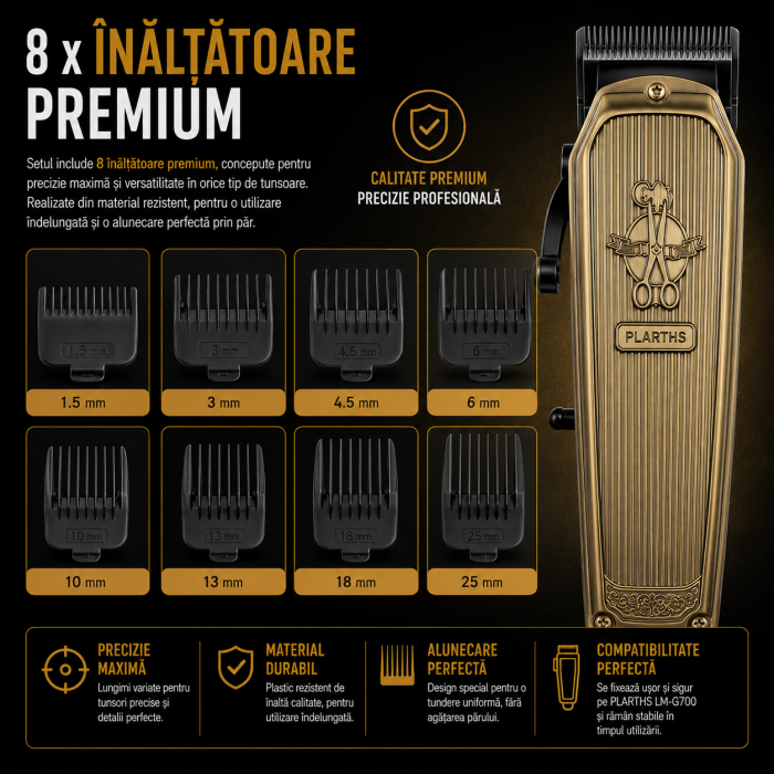 Masina de tuns profesionala cu acumulator, Plarths LM-G700 7500rpm, afisaj LED, 8 gratare premium 1.5mm - 25mm, lama DLC fade [5]