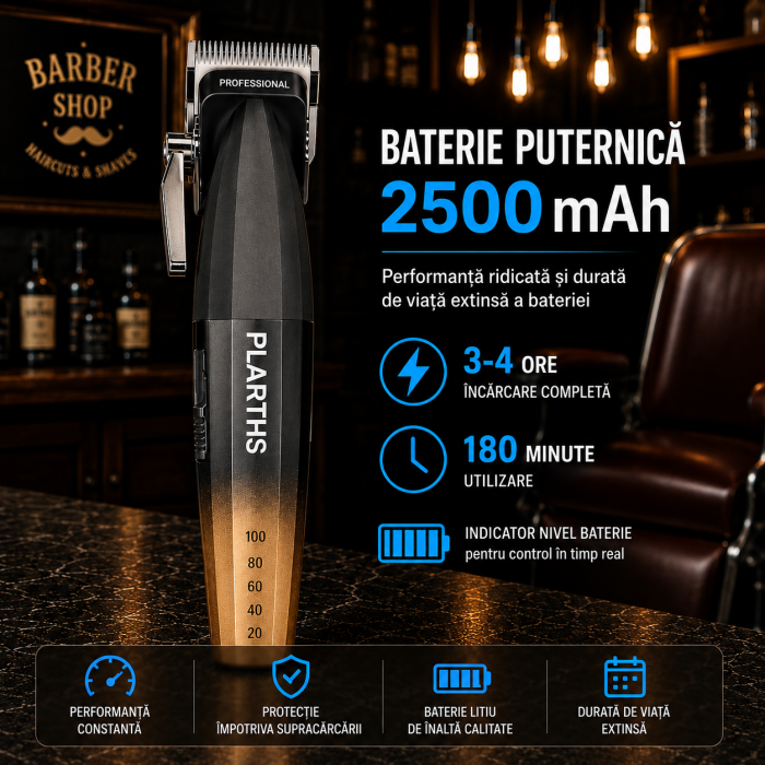 Masina de tuns profesionala cu acumulator, PLARTHS NG-2038, motor puternic 9000rpm, afisaj LED, 6 gratare premium 1.5mm - 12mm [2]