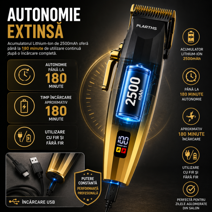 Masina de tuns profesionala cu acumulator, PLARTHS NG-222, motor puternic 7200rpm, 8 gratare premium 1.5 - 25mm [5]