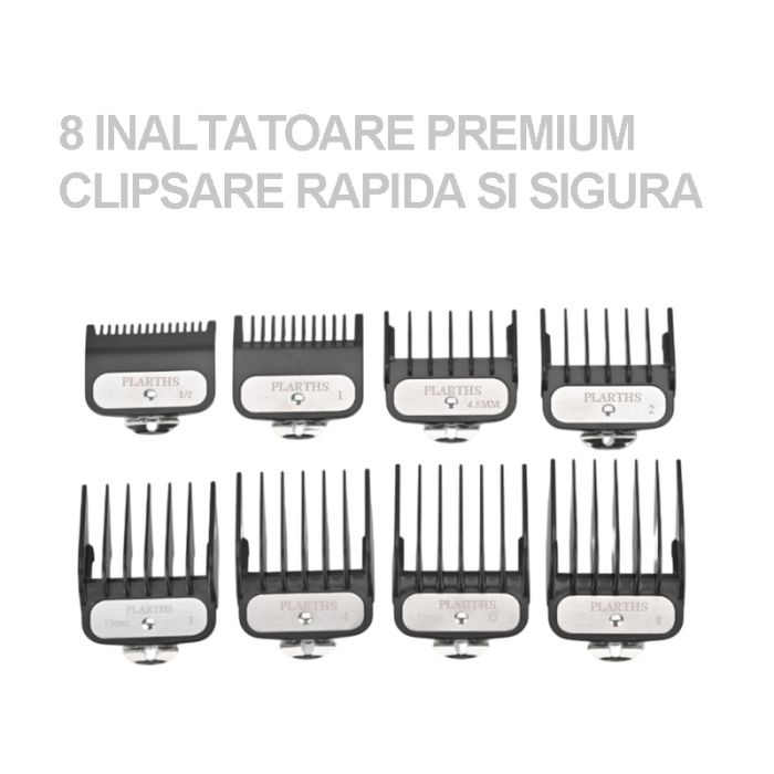 Masina de tuns profesionala cu acumulator, PLARTHS NG-222, motor puternic 7200rpm, afisaj LED, 8 gratare premium1.5 - 25mm, 2 arici, perie fade, pieptan, stand incarcare [6]