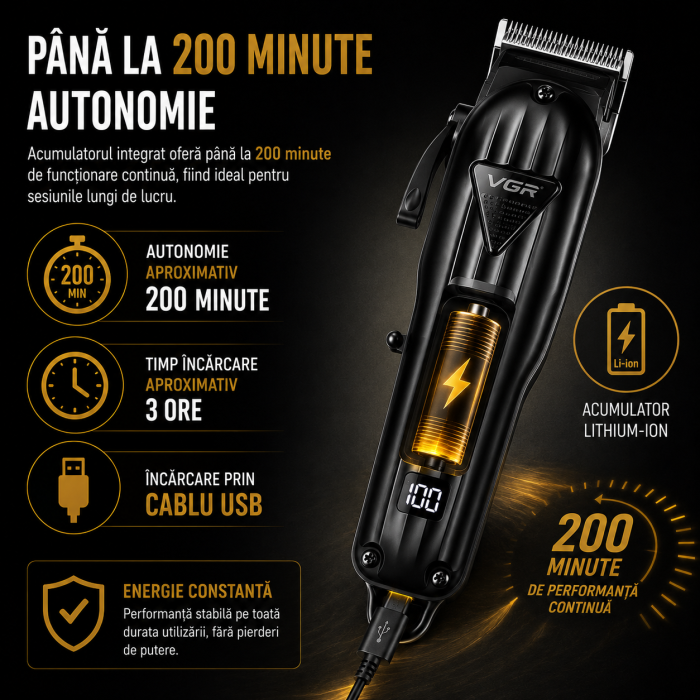 Masina de tuns profesionala cu acumulator, VGR V-282, afisaj LED, 6 gratare 1.5mm - 13mm, Negru [6]