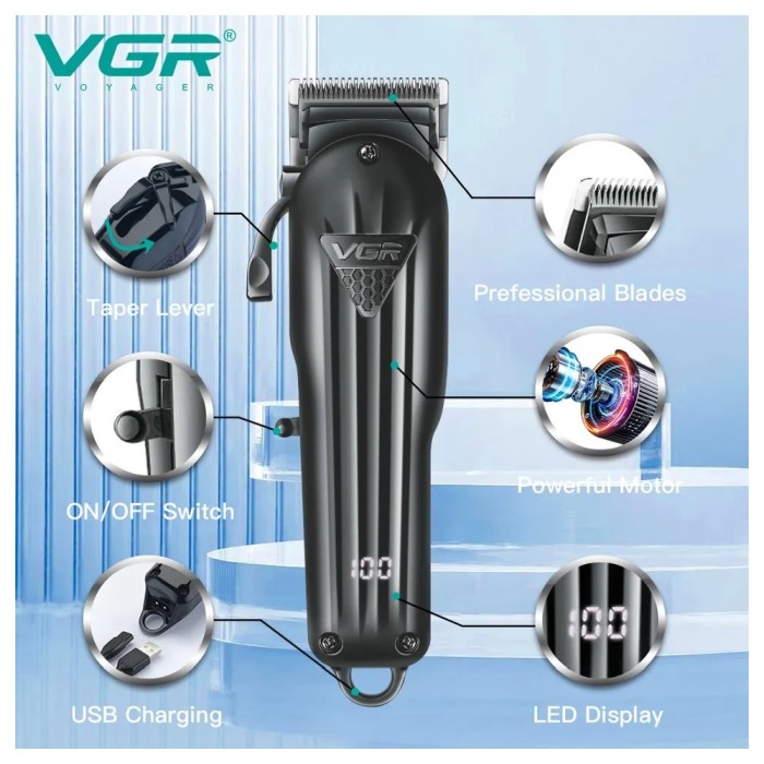 Masina de tuns profesionala cu acumulator, VGR V-282, afisaj LED, 6 gratare 1.5mm - 13mm, Negru [6]