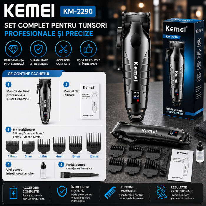 Masina de tuns  profesionala fara fir KEMEI KM-2290 , 10 W, baterie 2000 mAh, autonomie 180 min, afișaj LED, lame ceramice, carcasă metalică [8]