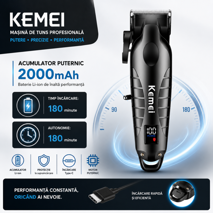 Masina de tuns  profesionala fara fir KEMEI KM-2290 , 10 W, baterie 2000 mAh, autonomie 180 min, afișaj LED, lame ceramice, carcasă metalică [2]