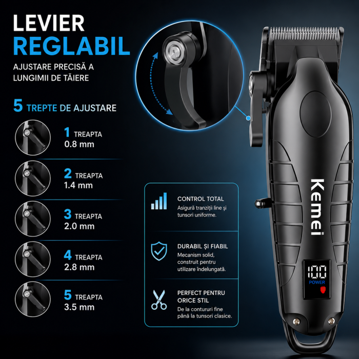 Masina de tuns  profesionala fara fir KEMEI KM-2290 , 10 W, baterie 2000 mAh, autonomie 180 min, afișaj LED, lame ceramice, carcasă metalică [4]