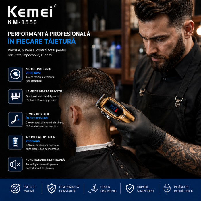 Masina de tuns profesionala Kemei KM-1550, Motor 7000 RPM, Display LED, Acumulator Li-Ion 2000mAh, USB Type-C, 180 minute autonomie [7]