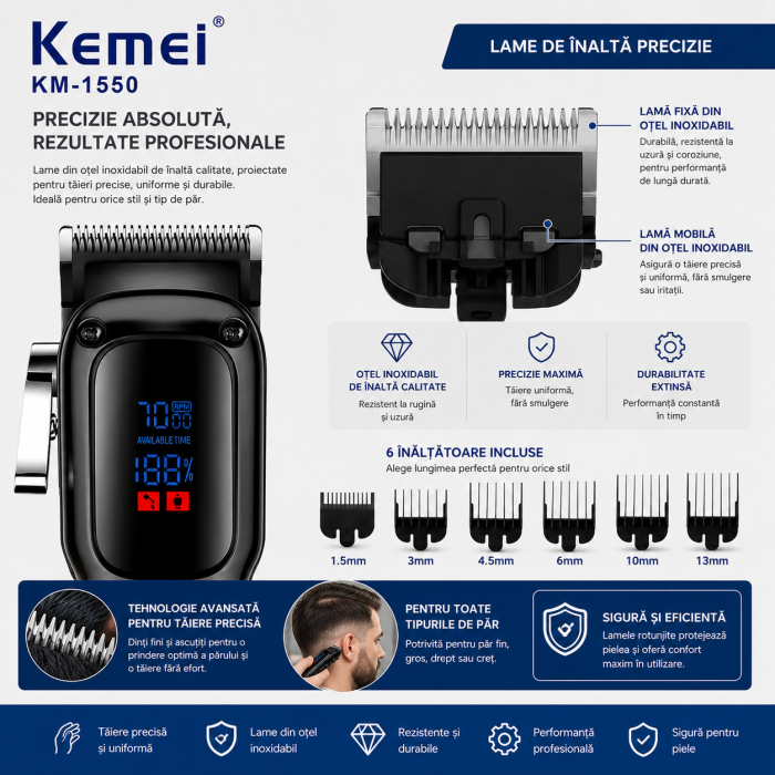 Masina de tuns profesionala Kemei KM-1550, Motor 7000 RPM, Display LED, Acumulator Li-Ion 2000mAh, USB Type-C, 180 minute autonomie [2]