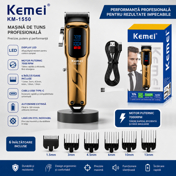 Masina de tuns profesionala Kemei KM-1550, Motor 7000 RPM, Display LED, Acumulator Li-Ion 2000mAh, USB Type-C, 180 minute autonomie [4]