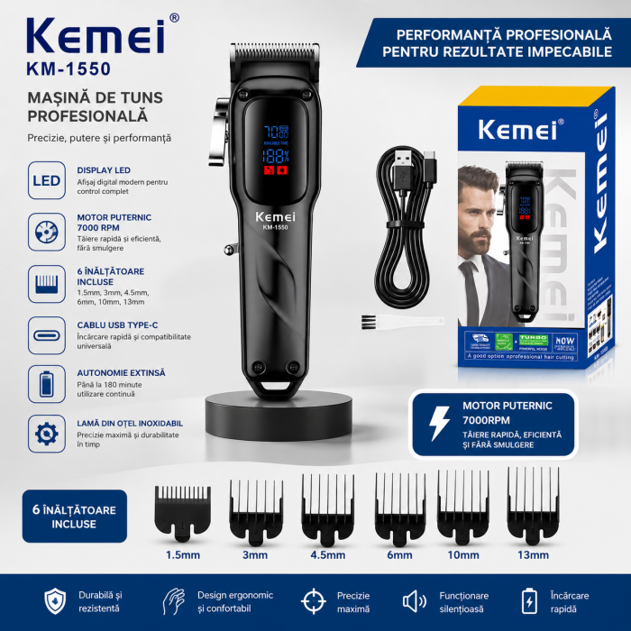 Masina de tuns profesionala Kemei KM-1550, Motor 7000 RPM, Display LED, Acumulator Li-Ion 2000mAh, USB Type-C, 180 minute autonomie [3]
