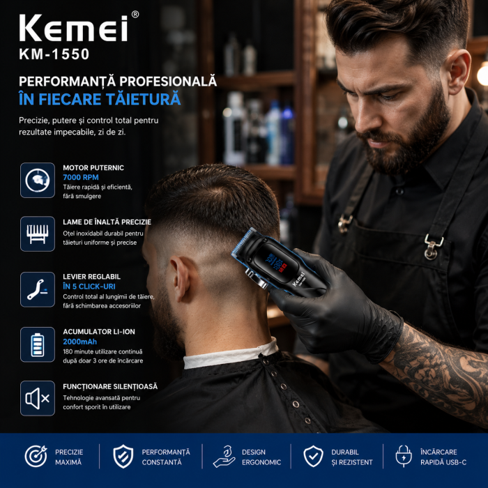 Masina de tuns profesionala Kemei KM-1550, Motor 7000 RPM, Display LED, Acumulator Li-Ion 2000mAh, USB Type-C, 180 minute autonomie [8]