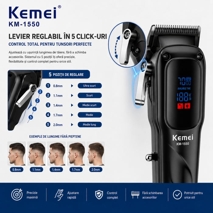 Masina de tuns profesionala Kemei KM-1550, Motor 7000 RPM, Display LED, Acumulator Li-Ion 2000mAh, USB Type-C, 180 minute autonomie [6]