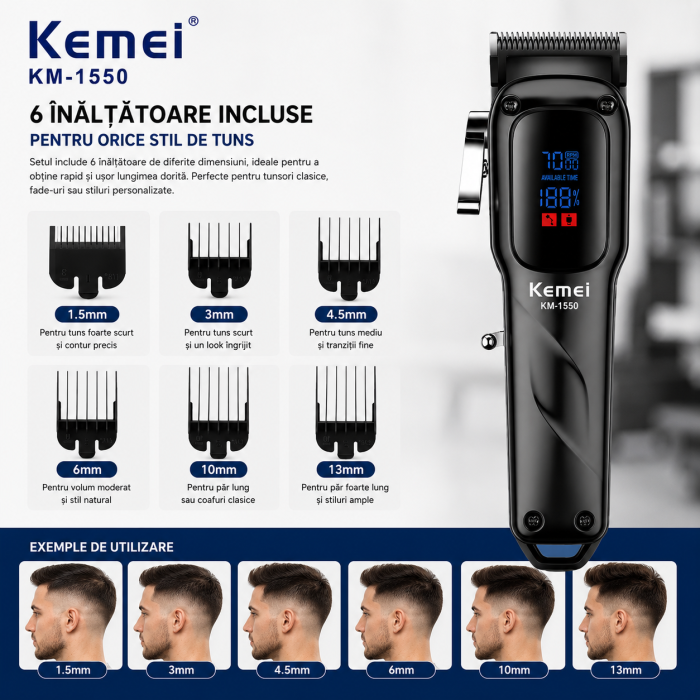 Masina de tuns profesionala Kemei KM-1550, Motor 7000 RPM, Display LED, Acumulator Li-Ion 2000mAh, USB Type-C, 180 minute autonomie [9]
