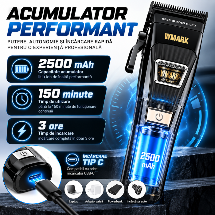 Masina de Tuns Profesionala WMARK NG-V1, Motor Brushless 8500 RPM, 10 Inaltatoare, Lame DLC [3]