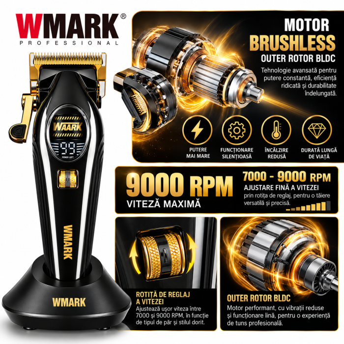 Masina de Tuns Profesionala WMARK NG-V2, Motor Brushless 9000 RPM, Autonomie 200min, 6 Inaltatoare Magnetice [8]