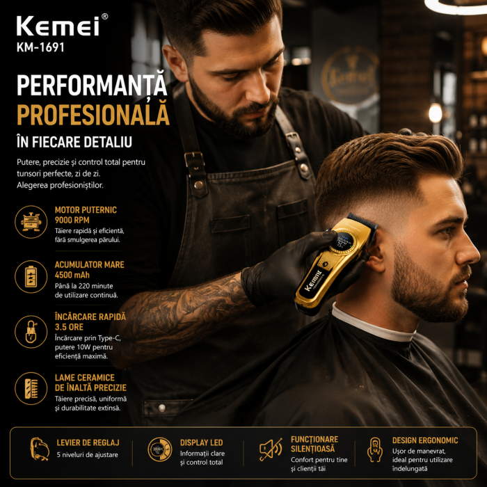 Masina de Tuns Profesionala Kemei KM-1691, Motor 9000 RPM, 10W, Acumulator 4500 mAh, 6 Inaltatoare premium [6]