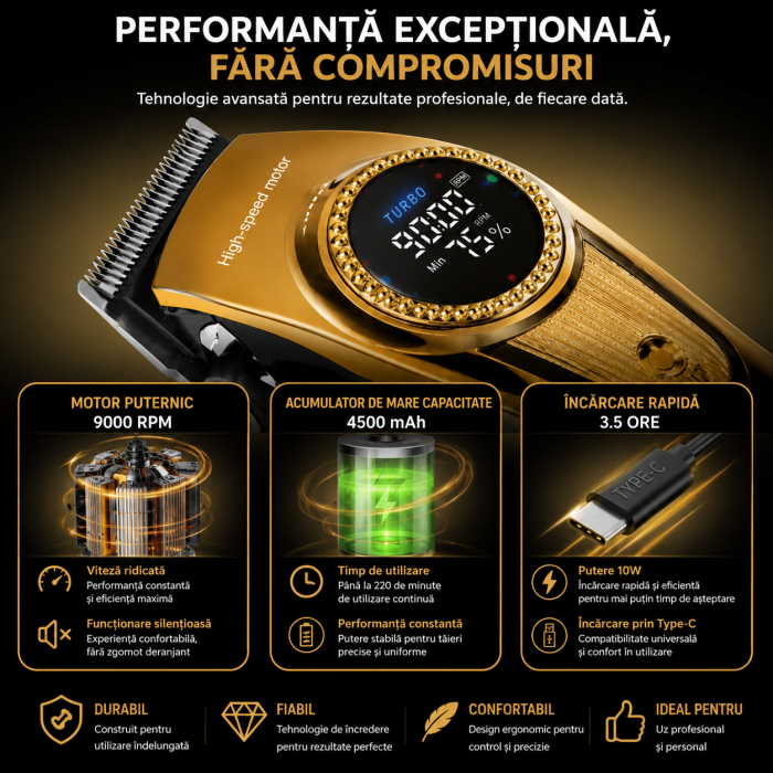 Masina de Tuns Profesionala Kemei KM-1691, Motor 9000 RPM, 10W, Acumulator 4500 mAh, 6 Inaltatoare premium [9]