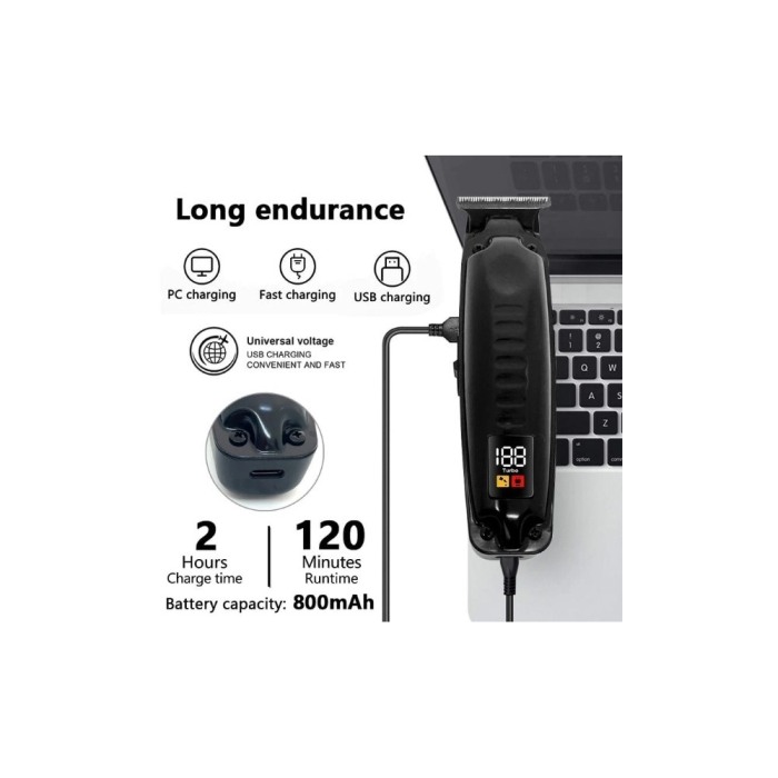 Masina de tuns si contur profesionala, Kemei KM-1578, baterie Li-ion 120 min, Cutit T 0.1mm, incarcare type c, afisaj LCD, negru [6]