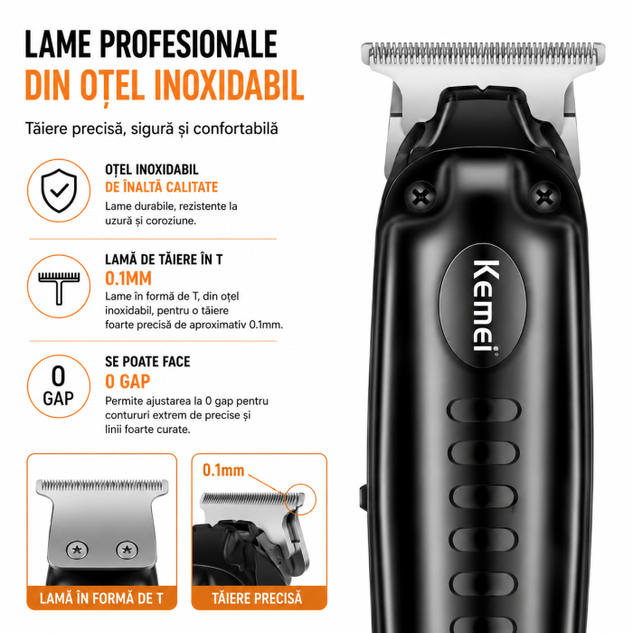 Masina de contur profesională Kemei KM-1578, Lamă T 40 mm, 6500 RPM, Acumulator Li-Ion 800 mAh, Autonomie 120 min, Încărcare USB Type-C, Display LCD, Negru [3]
