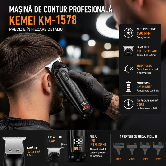 Masina de contur profesională Kemei KM-1578, Lamă T 40 mm, 6500 RPM, Acumulator Li-Ion 800 mAh, Autonomie 120 min, Încărcare USB Type-C, Display LCD, Negru [5]
