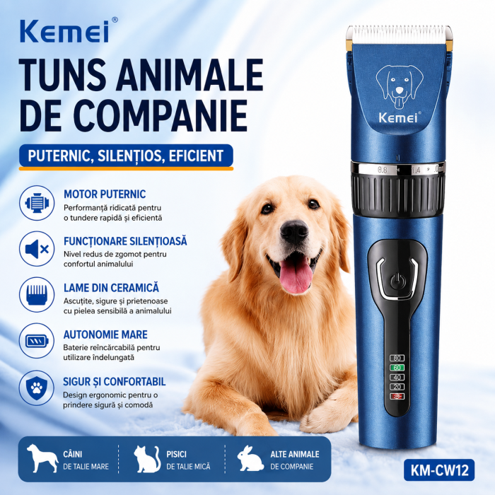 Masina Profesionala de Tuns Animale Kemei KM-CW12, Motor Puternic, Lamă Ceramică, Reglaj 0.8-2 mm, Acumulator Li-Ion, Carcasa Aluminiu [6]