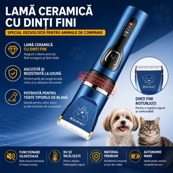 Masina Profesionala de Tuns Animale Kemei KM-CW12, Motor Puternic, Lamă Ceramică, Reglaj 0.8-2 mm, Acumulator Li-Ion, Carcasa Aluminiu [4]
