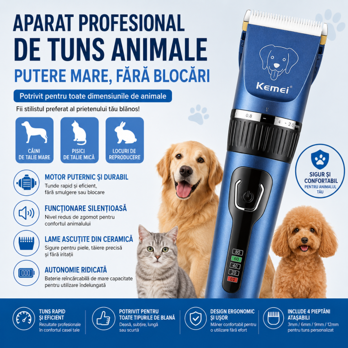 Masina Profesionala de Tuns Animale Kemei KM-CW12, Motor Puternic, Lamă Ceramică, Reglaj 0.8-2 mm, Acumulator Li-Ion, Carcasa Aluminiu [5]