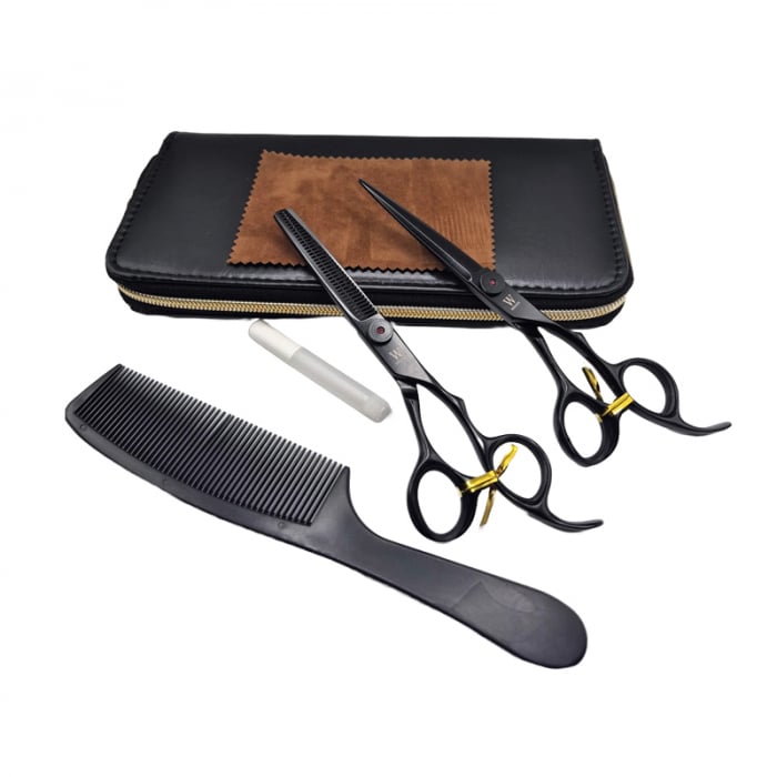 Set foarfeci de tuns si filat WMARK NG-PS002A/B, profesional din otel inoxidabil 9CR18, marime 6 inch, ulei, pieptan, negru [6]
