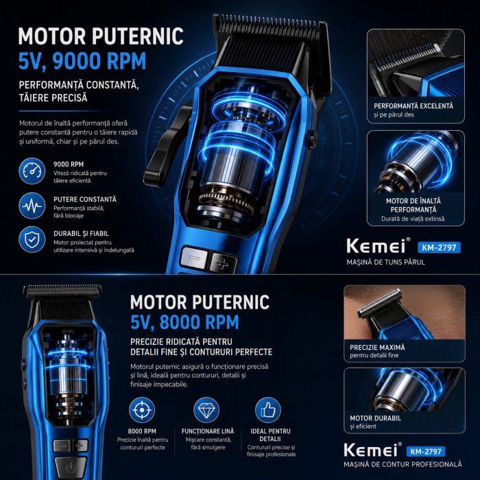 SET MASINA DE TUNS SI CONTUR PROFESIONALA KEMEI KM-2797, CUTITE DLC, 9000RPM, DISPLAY LED, ACUMULATOR 4600MAH, 13 INALTATOARE [5]