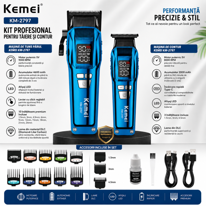 SET MASINA DE TUNS SI CONTUR PROFESIONALA KEMEI KM-2797, CUTITE DLC, 9000RPM, DISPLAY LED, ACUMULATOR 4600MAH, 13 INALTATOARE [2]