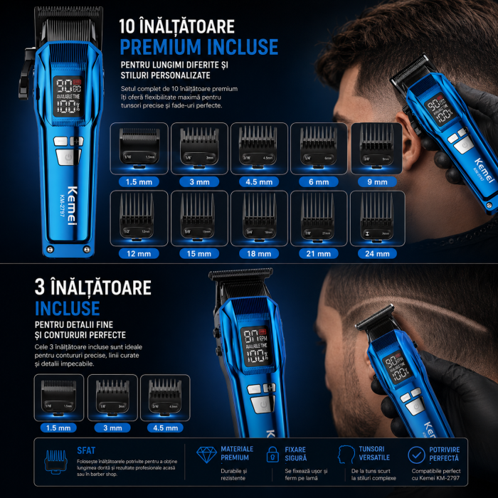 SET MASINA DE TUNS SI CONTUR PROFESIONALA KEMEI KM-2797, CUTITE DLC, 9000RPM, DISPLAY LED, ACUMULATOR 4600MAH, 13 INALTATOARE [8]