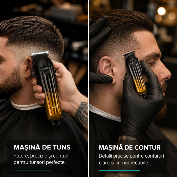 Set masina de tuns si masina de contur profesionala, VGR V-646, afisaj LED, 10 gratare, pieptan, gold [5]