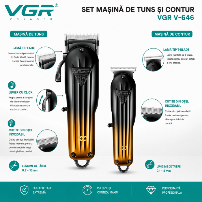 Set masina de tuns si masina de contur profesionala, VGR V-646, afisaj LED, 10 gratare, pieptan, gold [3]