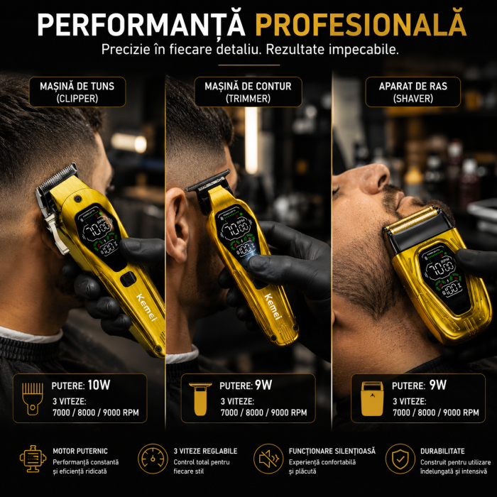 Set Profesional 3 în 1 Kemei KM-8551 – Mașină de Tuns + Trimmer Contur + Aparat de Ras, Motor 10W/9W, 3 Viteze 7000-9000 RPM, Display LED, Acumulatori 2000/1400/800 mAh, 12 Piepteni, USB [6]