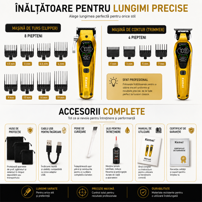 Set Profesional 3 în 1 Kemei KM-8551 – Mașină de Tuns + Trimmer Contur + Aparat de Ras, Motor 10W/9W, 3 Viteze 7000-9000 RPM, Display LED, Acumulatori 2000/1400/800 mAh, 12 Piepteni, USB [7]