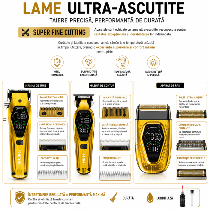 Set Profesional 3 în 1 Kemei KM-8551 – Mașină de Tuns + Trimmer Contur + Aparat de Ras, Motor 10W/9W, 3 Viteze 7000-9000 RPM, Display LED, Acumulatori 2000/1400/800 mAh, 12 Piepteni, USB [5]