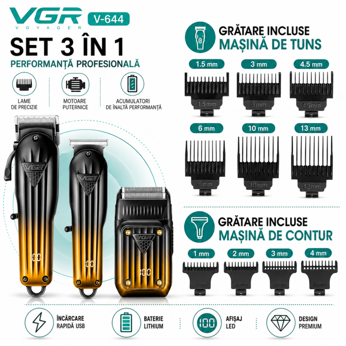 Set Profesional 3 în 1 VGR V-644 Masina de Tuns, Contur și Aparat de Ras, Display LED, Incarcare Type-C, 10 Gratare, Autonomie Extinsa [3]