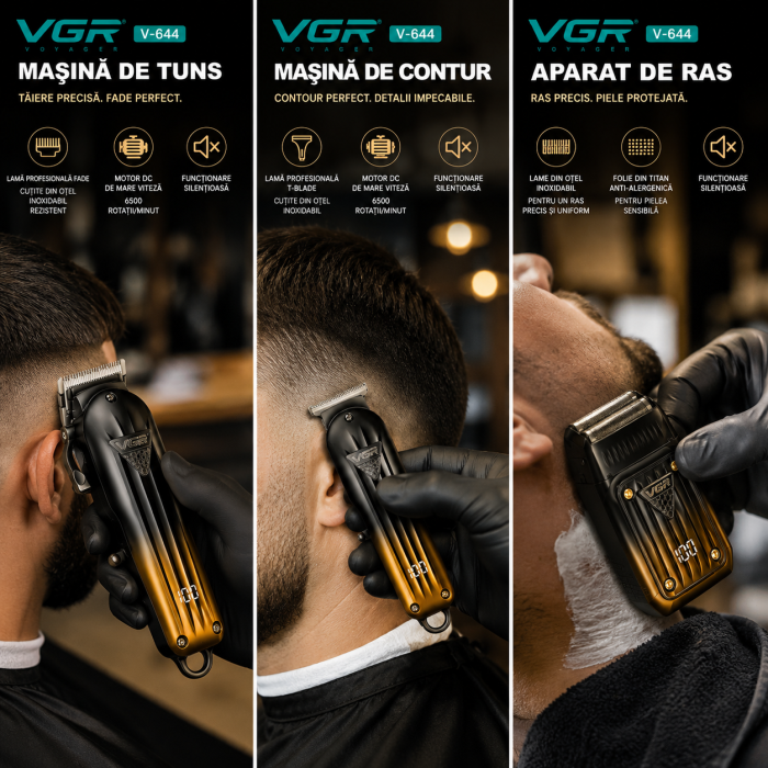 Set Profesional 3 în 1 VGR V-644 Masina de Tuns, Contur și Aparat de Ras, Display LED, Incarcare Type-C, 10 Gratare, Autonomie Extinsa [6]