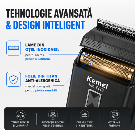 Aparat de Ras Profesional KEMEI KM-T229, Foil Shaver, Motor DC 10500 RPM, Folie Titan Anti-Alergenică, Lame Oțel Inoxidabil, Display LCD, USB Type-C, Acumulator 600mAh, 60 Min Autonomie, Negru [2]